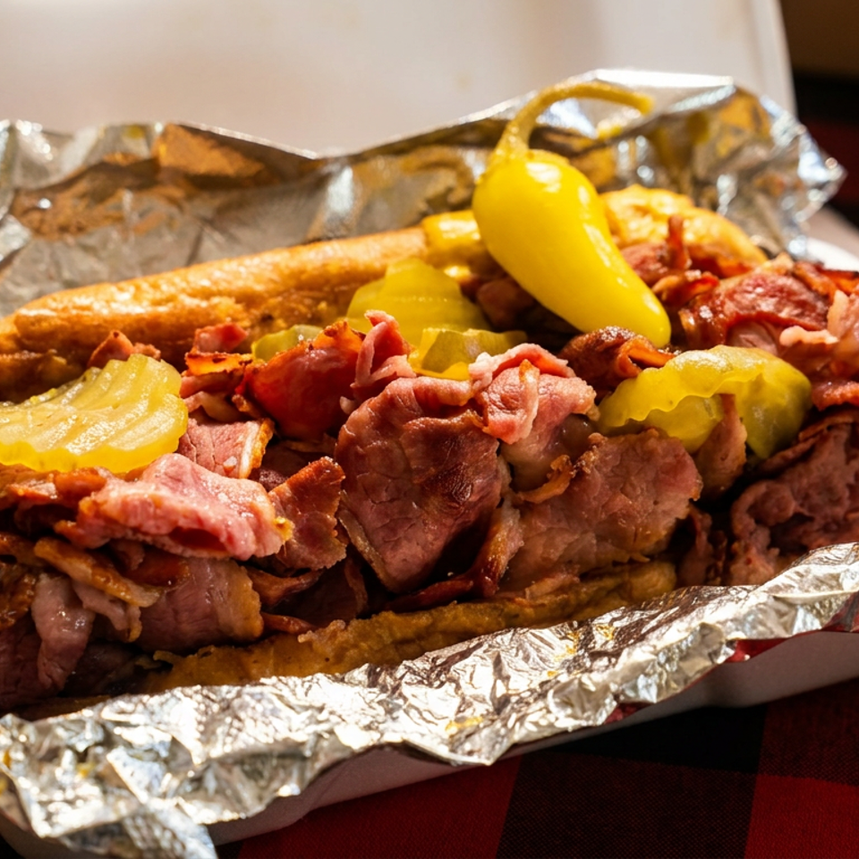 Loaded steak and bacon sandwich topped with pickles and peppers, served in a foil-lined takeout container.