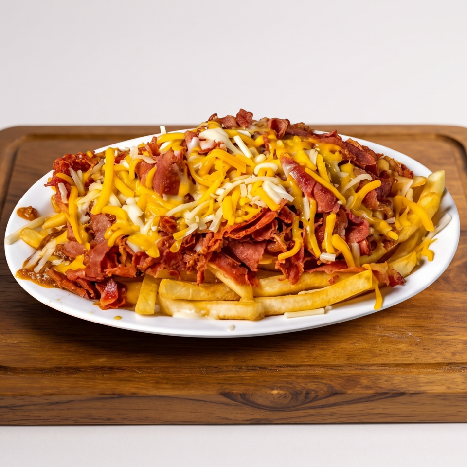 Loaded plate of fries topped with crispy bacon, melted cheddar, and shredded white cheese on a wooden serving board.