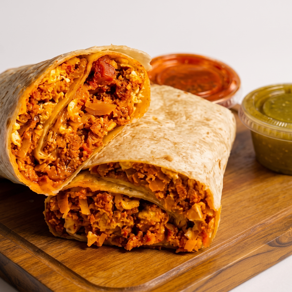 Two cut-open, meat-filled burritos with melted cheese sit on a wooden board beside red and green dipping sauces.