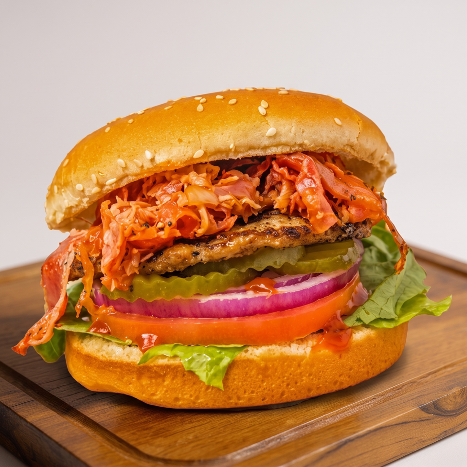 Gourmet burger with a sesame bun, grilled patty, shredded vegetables, pickles, tomato, onion, lettuce, and sauce on a wooden board.