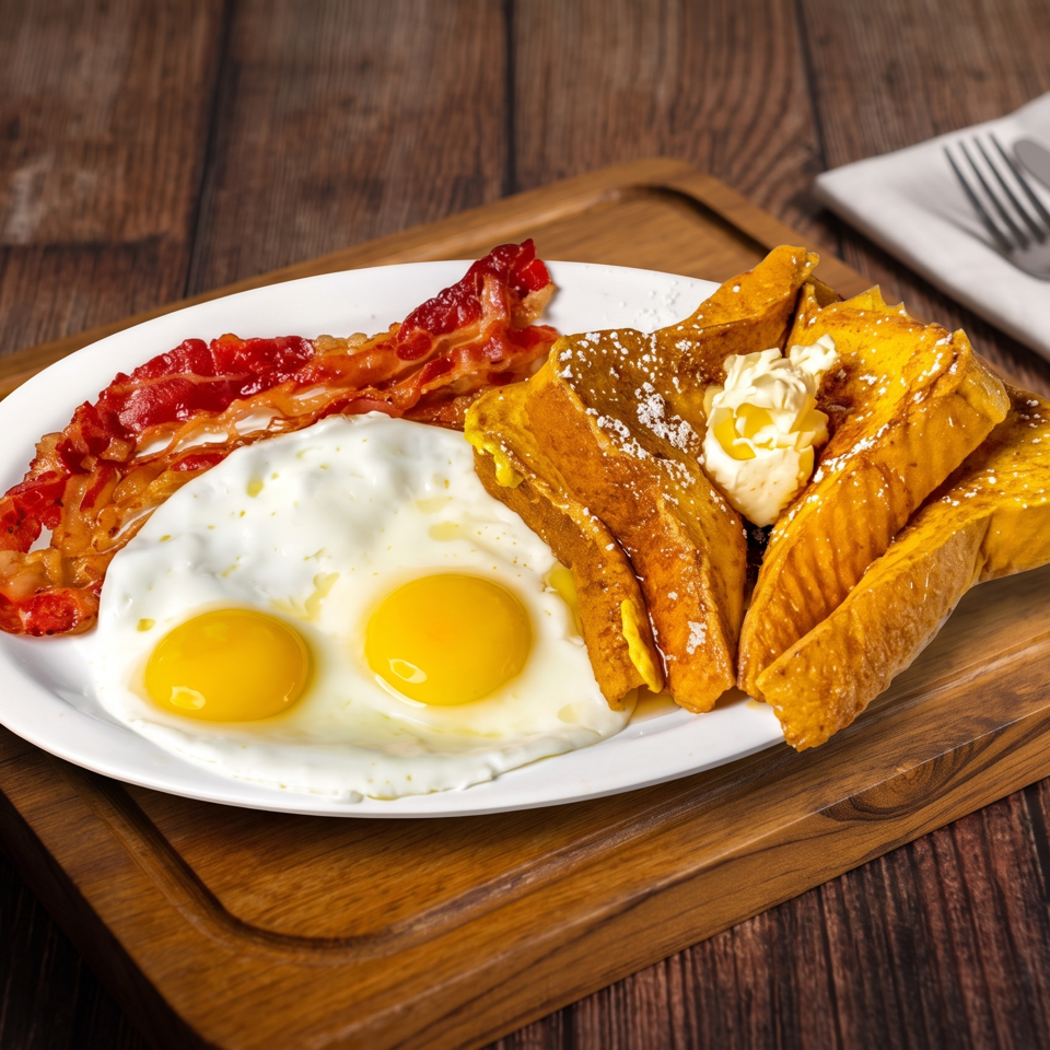 Breakfast plate with two fried eggs, bacon, and powdered-sugar French toast topped with butter on a wooden serving board.