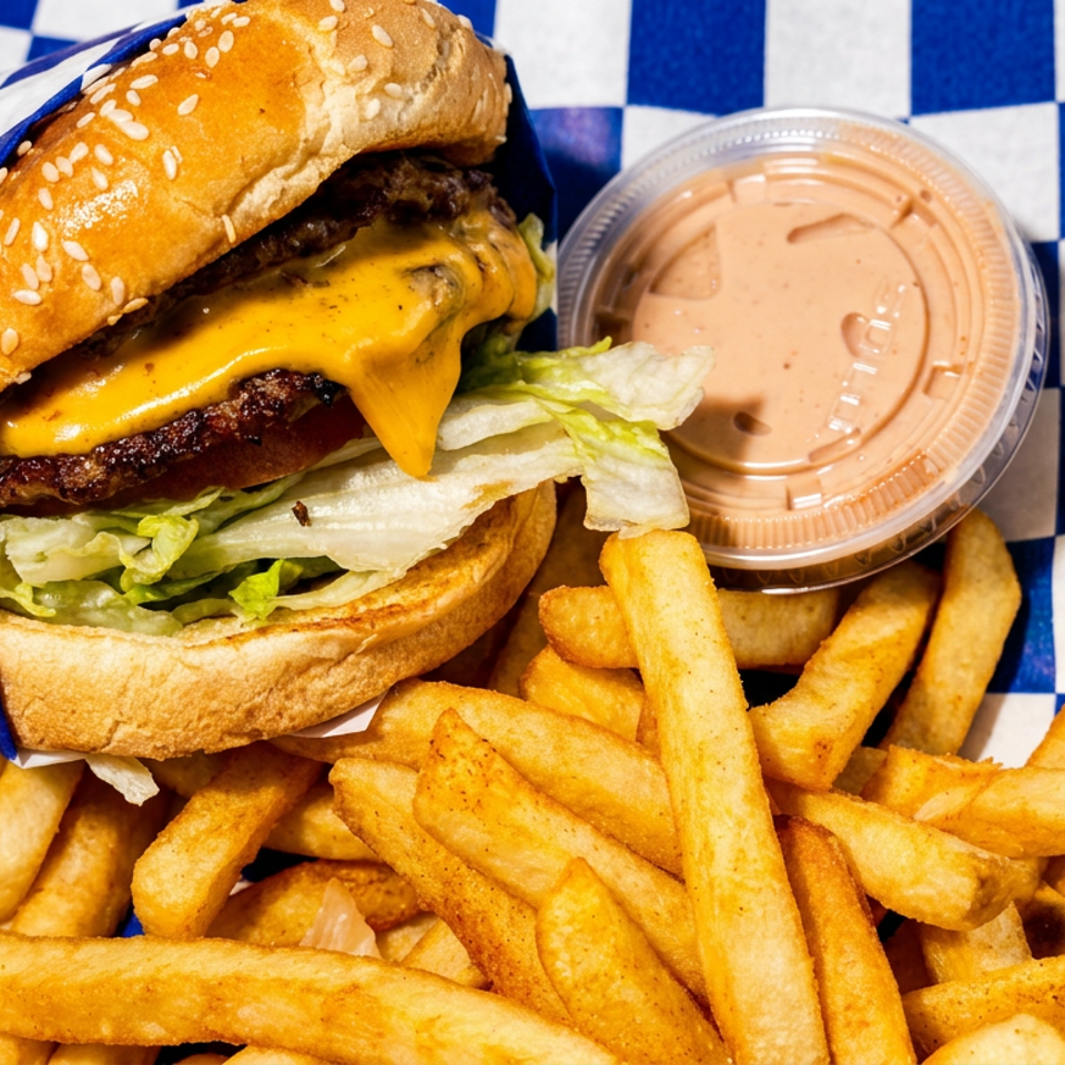 Cheeseburger with lettuce, golden fries, and dipping sauce served on blue-and-white checkered paper.