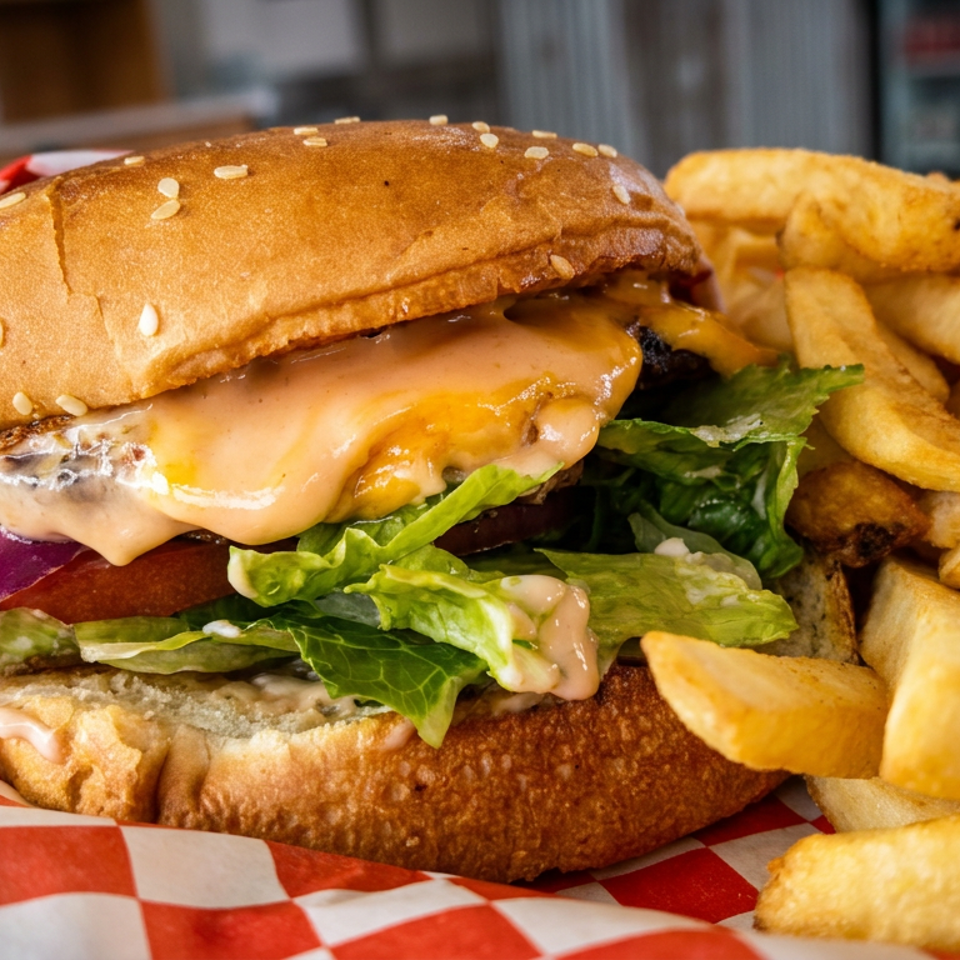 Cheeseburger with lettuce, tomato, red onion, and sauce served alongside golden thick-cut fries on checkered paper.