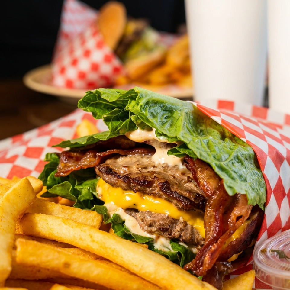 Double cheeseburger with bacon, lettuce, and sauce served alongside golden fries in red-and-white checkered paper.