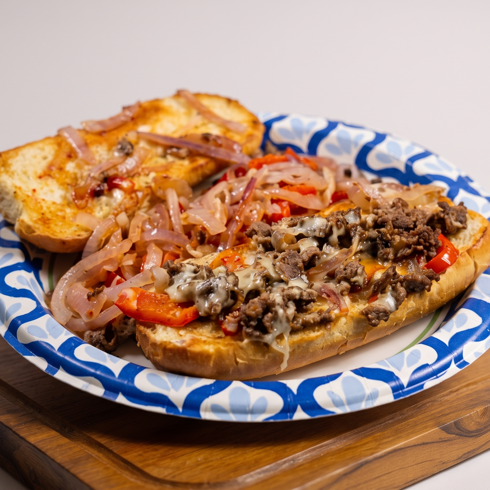 Cheesesteak sandwich with seasoned beef, melted cheese, peppers, and onions on a patterned paper plate.
