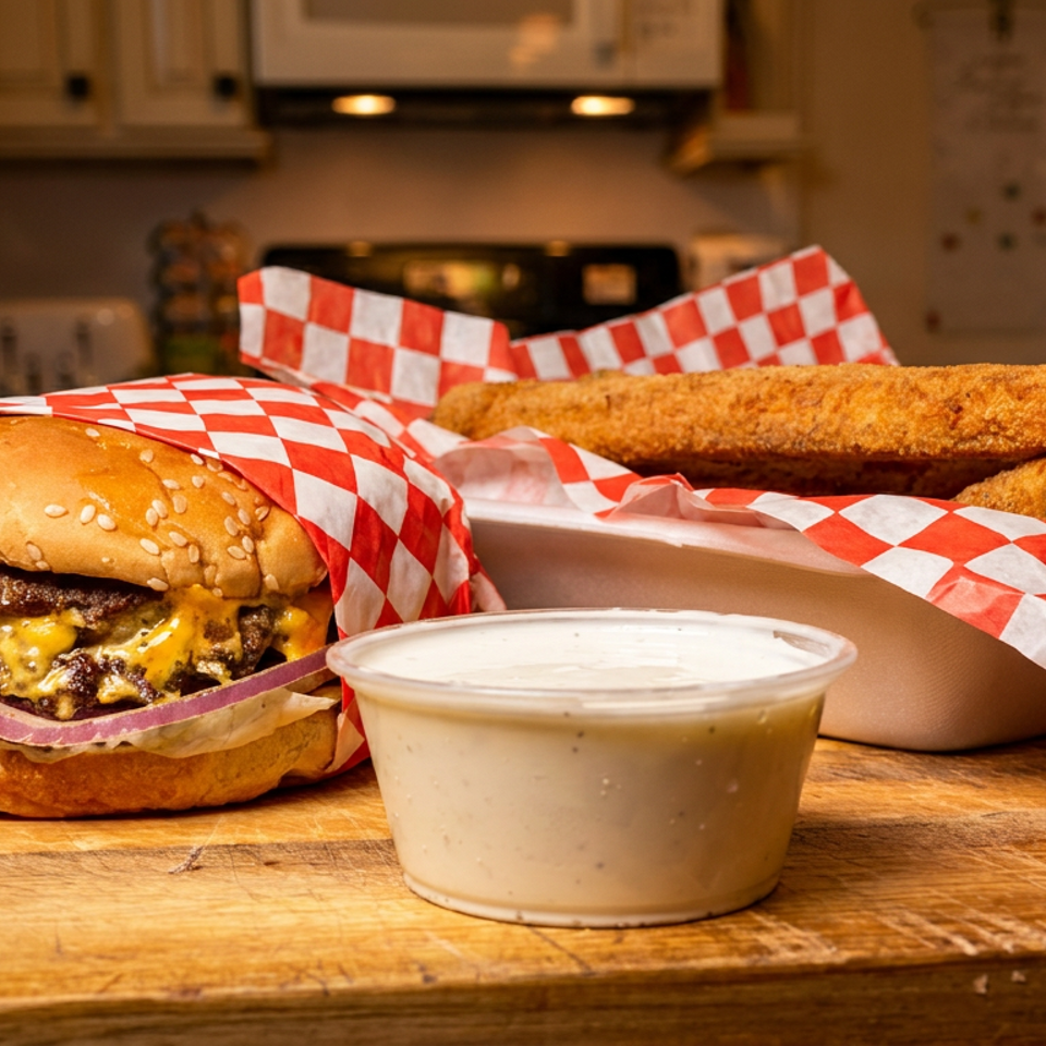 Cheeseburger with red onion, breaded fried food, and dipping sauce on a wooden kitchen counter.