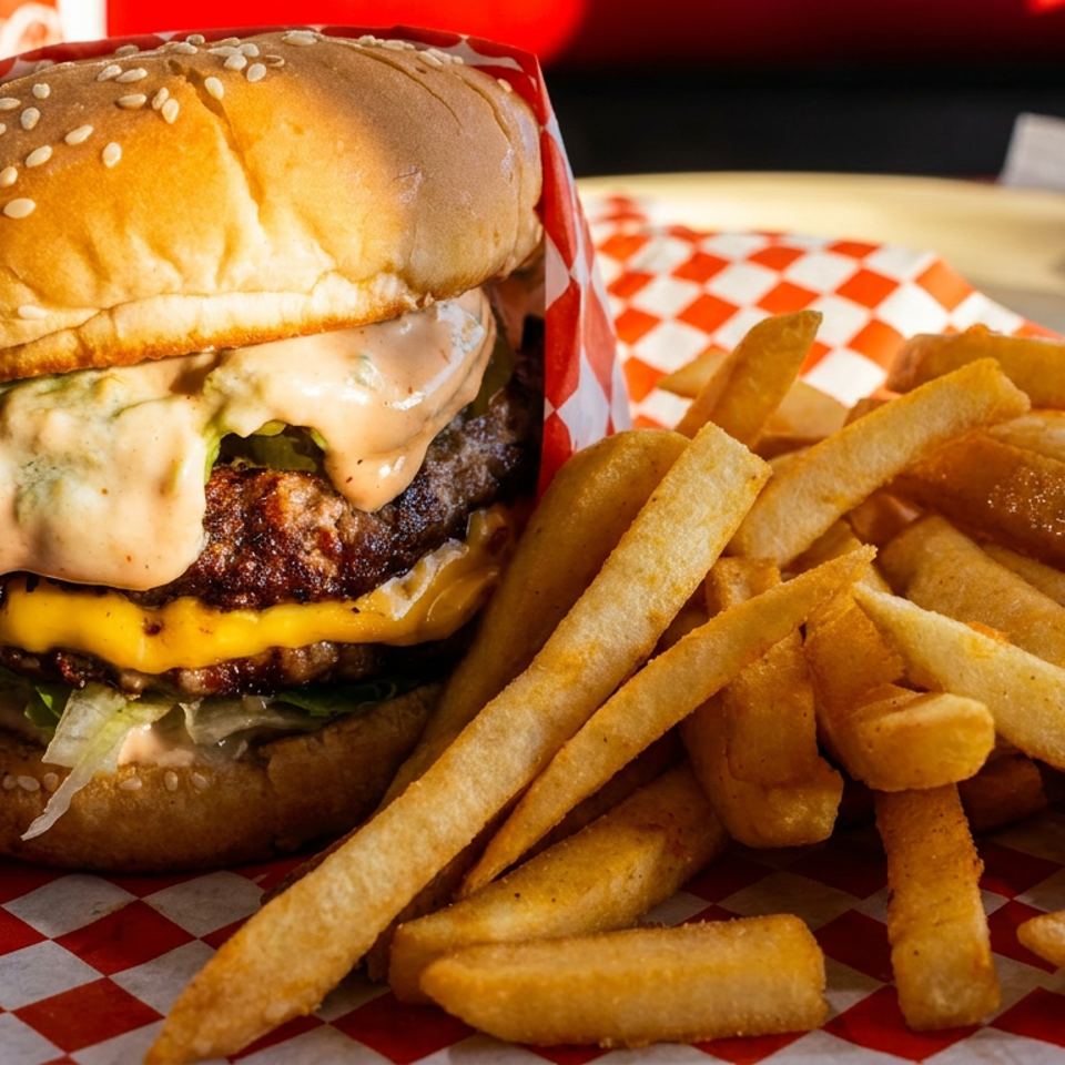 Juicy cheeseburger with lettuce and creamy sauce served alongside golden French fries on red-and-white checkered paper.